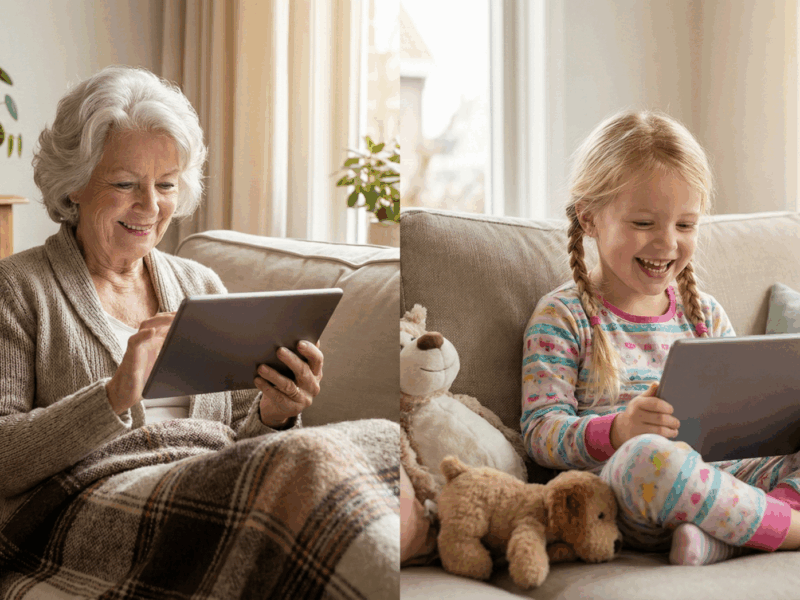 Oma en kleinkind lezen Wisey op tablet